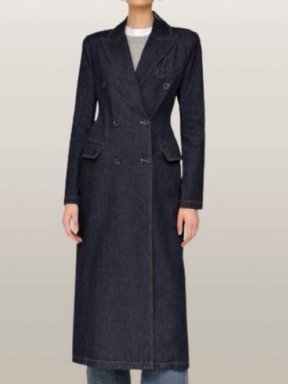 AVEC LES FILLES DENIM COAT, M, 18” PTP 47” L, Like New